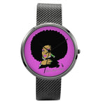 AKA Afro Pink 30 Meters Waterproof Quartz Fashion Watch With Casual Stainless Steel Black Band